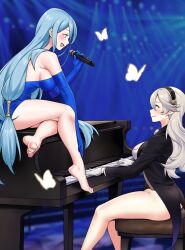 Rule 34 | aqua hair, azura (fire emblem), bare legs, barefoot, breasts, bug, butterfly, commission, corrin (female) (fire emblem), corrin (fire emblem), fire emblem, fire emblem fates, grand piano, grey hair, hairband, highres, holding, holding microphone, igni tion, insect, instrument, large breasts, long hair, microphone, music, nintendo, piano, playing instrument, singing, sitting on piano, very long hair