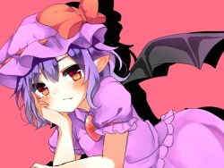 Rule 34 | 1girl, bad id, bad pixiv id, bat wings, blush, bow, brooch, brown eyes, closed mouth, fang, fang out, hand on own cheek, hand on own face, hat, hat bow, jewelry, karasusou nano, long hair, looking at viewer, mob cap, pink background, pink hat, pointy ears, purple hair, red bow, remilia scarlet, short hair, short sleeves, simple background, solo, touhou, wings