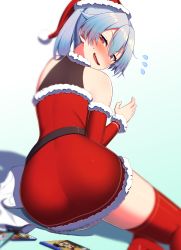 Rule 34 | 1girl, ass, blush, commentary request, detached sleeves, dress, fate/grand order, fate (series), fur-trimmed dress, fur-trimmed sleeves, fur trim, hair between eyes, hat, highres, kuroshiro (ms-2420), looking at viewer, looking back, medium hair, ponytail, red dress, red eyes, red hat, red sleeves, red thighhighs, santa hat, short dress, silver hair, sleeveless, sleeveless dress, solo, sweatdrop, thighhighs, tomoe gozen (fate), wavy mouth