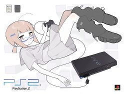 Rule 34 | 1girl, absurdres, ahoge, black footwear, black leg warmers, blunt bangs, blush, brown eyes, brown hair, closed mouth, commentary, controller, dot mouth, dualshock, floating, from side, full body, game console, game controller, gamepad, glasses, grey sailor collar, grey serafuku, grey skirt, hair ornament, hairclip, hand up, highres, holding, holding controller, holding game controller, knee blush, leg warmers, looking at viewer, looking to the side, low ponytail, memory card, midriff peek, myomuron, navel, original, playstation 2, playstation controller, playstation logo, pleated skirt, sailor collar, school uniform, serafuku, shoes, short ponytail, short sleeves, sidelocks, skirt, solo