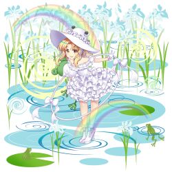 Rule 34 | 1girl, :d, absurdres, alternate costume, blonde hair, bow, commentary, dress, english commentary, frilled dress, frills, frog, full body, game cg, high heels, highres, lily pad, looking at viewer, medium hair, moriya suwako, moriya suwako (white tree frog who bestows rain), open mouth, outdoors, rainbow, rotte (1109), second-party source, sidelocks, smile, solo, touhou, touhou lostword, wedding dress, white bow, white dress, white footwear, white headwear, yellow eyes