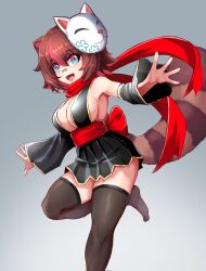 Rule 34 | 1girl, animal ears, armpits, bandaid, bandaid on face, bandaid on nose, bare shoulders, bell sleeves, black skirt, black sleeves, black thighhighs, blue eyes, breasts, brown hair, center opening, cleavage, colored tips, commentary, detached sleeves, fox mask, gold trim, grey background, hair between eyes, high-waist skirt, highres, large breasts, leg up, looking at viewer, mask, mask on head, multicolored eyes, multicolored hair, no shoes, owozu, pleated skirt, raccoon ears, raccoon girl, raccoon tail, rakkun sutaru, red eyes, red hair, red sash, red scarf, running, sash, scarf, short hair, sideboob, skirt, slash-ex, spanish commentary, streaked hair, tail, thighhighs, two-tone hair, virtual youtuber, zettai ryouiki