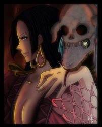 Rule 34 | 1girl, amazon warrior, animal, black hair, blue eyes, blue hair, boa hancock, breasts, cleavage, earrings, female focus, horns, jewelry, long hair, matching hair/eyes, one piece, pet, salome (one piece), skull, snake, solo, upper body