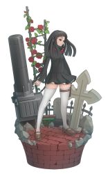 Rule 34 | 1girl, black eyes, black hair, cross, faux figurine, long hair, original, peaceyj, simple background, solo, thighhighs, transparent background, white background, white thighhighs