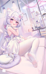 Rule 34 | 1girl, :d, ahoge, animal ear fluff, animal ears, bare arms, blush, bow, bracelet, cat, cat ears, cat tail, cat tower, chen bin, copyright request, couch, dress, fang, flower, full body, hair bow, hair flower, hair ornament, heart, heart ahoge, highres, indoors, jewelry, looking at viewer, no shoes, on couch, open mouth, pantyhose, purple eyes, sitting, sleeveless, sleeveless dress, smile, solo, tail, virtual youtuber, white dress, white pantyhose