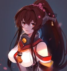 Rule 34 | 10s, 1girl, breasts, brown eyes, brown hair, cherry blossoms, female focus, flower, gradient background, hair between eyes, hair flower, hair intakes, hair ornament, headgear, kantai collection, large breasts, lipstick, long hair, looking at viewer, makeup, md5 mismatch, petals, ponytail, red eyes, resolution mismatch, smile, sola7764, solo, source larger, upper body, yamato (kancolle)