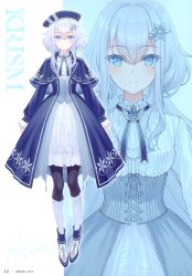 Rule 34 | 1girl, absurdres, beret, blue eyes, blush, breasts, capelet, detached sleeves, dress, frilled skirt, frills, full body, hair ornament, hat, highres, light smile, long sleeves, looking at viewer, medium breasts, mole, mole under eye, original, page number, pantyhose, scan, shoes, sidelocks, silver hair, simple background, skirt, snowflake hair ornament, solo, upper body, yashiro seika, zoom layer