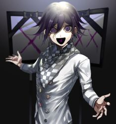 Rule 34 | 1boy, :d, black hair, checkered clothes, checkered scarf, commentary, danganronpa (series), danganronpa v3: killing harmony, grey jacket, hair between eyes, highres, iei, jacket, light, long sleeves, looking at viewer, male focus, open mouth, oma kokichi, purple eyes, purple hair, revision, scarf, short hair, smile, solo, spoilers, straitjacket, suzumetarou, translated, upper body