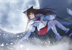 Rule 34 | 1girl, animal ears, argyle, argyle clothes, argyle legwear, black hair, blue footwear, blue gloves, blue jacket, blue scarf, boots, cat ears, commentary request, fringe trim, fufumi, full moon, gloves, hair ornament, hairclip, highres, jacket, long hair, long sleeves, looking at viewer, moon, night, night sky, original, outdoors, pantyhose, parted lips, pleated skirt, puffy long sleeves, puffy sleeves, purple eyes, red shirt, red skirt, scarf, shirt, skirt, sky, sleeves past wrists, snow, snowboard, snowboarding, solo, very long hair, white pantyhose