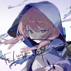 Rule 34 | 1girl, arknights, between fingers, blue jacket, blue poison (arknights), blue ribbon, commission, dart, green eyes, highres, holding, holding weapon, hood, hood up, hooded jacket, jacket, long hair, long sleeves, looking at viewer, low twintails, mouth hold, neck ribbon, pink hair, qinghejunzi, ribbon, simple background, solo, twintails, upper body, v-shaped eyebrows, water, weapon, white background