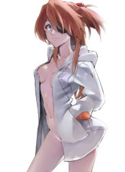 Rule 34 | 1girl, absurdres, blue eyes, breasts, brown hair, choker, cleavage, covering privates, covering breasts, evangelion: 3.0+1.0 thrice upon a time, expressionless, eyepatch, female focus, green jacket, hair ornament, hands in pockets, highres, interface headset, jacket, lab coat, lips, long hair, looking at viewer, medium breasts, naked jacket, naked shirt, navel, neon genesis evangelion, no bra, open clothes, open jacket, rebuild of evangelion, shirt, simple background, skin tight, smile, solo, souryuu asuka langley, standing, thighs, twintails, two side up, white background, white jacket, wide hips, yagisawa teru