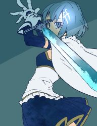 Rule 34 | 10s, 1girl, armband, blue background, blue eyes, blue hair, cape, fortissimo, gloves, hair ornament, hairclip, hinamiko, magical girl, mahou shoujo madoka magica, mahou shoujo madoka magica (anime), mahou shoujo madoka magica movie 1 &amp; 2, matching hair/eyes, miki sayaka, musical note, musical note hair ornament, simple background, solo, sword, weapon