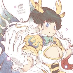 Rule 34 | 1girl, belt, black hair, blue eyes, bow, bowtie, breasts, cleavage, cleavage cutout, clothing cutout, dragon girl, dragon horns, dress, gloves, highres, horns, kemono friends, kirin (kemono friends), large breasts, long hair, looking at viewer, multicolored hair, shirabaki, simple background, solo, upper body, white hair, wings