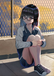 Rule 34 | 1girl, bad id, bad pixiv id, black-framed eyewear, black hair, chain-link fence, ddoalo, fence, glasses, highres, jacket, knees up, long hair, looking at viewer, original, shoes, shorts, sitting, sneakers, solo
