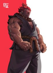 Rule 34 | 1boy, absurdres, bare shoulders, dark-skinned male, dark skin, dougi, feet out of frame, glowing, glowing eye, akuma (street fighter), highres, looking to the side, pectoral cleavage, male focus, muscular, muscular male, pectorals, red eyes, red hair, rope, ross (doodlrenzo), shirt, short hair, sideburns, sidepec, sleeveless, sleeveless shirt, solo, stomach, street fighter, veins