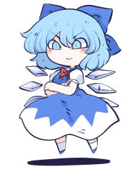Rule 34 | 1girl, blue bow, blue dress, blue eyes, blue footwear, blue hair, blush stickers, bow, chahan (fried rice0614), cirno, closed mouth, crossed arms, detached wings, dress, fairy, full body, hair between eyes, hair bow, highres, ice, ice wings, one-hour drawing challenge, puffy short sleeves, puffy sleeves, shirt, shoes, short hair, short sleeves, simple background, smile, socks, solo, touhou, white background, white shirt, white socks, wings
