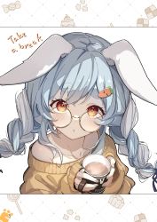 Rule 34 | 1girl, :o, absurdres, animal ear fluff, animal ears, bare shoulders, blue hair, blue ribbon, braid, brat (brabrabrat00), brown sweater, carrot hair ornament, character name, collarbone, crying, cup, english text, food-themed hair ornament, glasses, hair ornament, hair ribbon, highres, holding, holding cup, hololive, long hair, long sleeves, looking at viewer, mug, multicolored hair, non-web source, off-shoulder sweater, off shoulder, page number, parted lips, rabbit ears, red eyes, ribbon, short eyebrows, simple background, sleeves past wrists, solo, streaming tears, sweater, tears, thick eyebrows, twin braids, twintails, two-tone hair, upper body, usada pekora, virtual youtuber, white background, white hair
