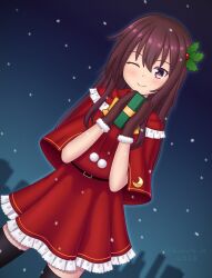Rule 34 | 1girl, alternate costume, black gloves, black thighhighs, box, brown hair, capelet, christmas, cowboy shot, dress, fur-trimmed gloves, fur trim, gift, gloves, hair ornament, highres, holly hair ornament, kantai collection, kisaragi (kancolle), konato k, long hair, looking at viewer, night, one eye closed, purple eyes, red capelet, red dress, smile, snow, solo, thighhighs