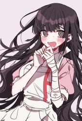 Rule 34 | 1girl, :d, @ @, apron, bandaged arm, bandages, black hair, blush, breasts, commentary request, danganronpa (series), danganronpa 2: goodbye despair, grey background, highres, long hair, looking at viewer, messy hair, mole, mole under eye, monochrome, open mouth, own hands together, patzzi, puffy short sleeves, puffy sleeves, purple hair, short sleeves, simple background, skirt, smile, solo, tsumiki mikan, upper body, very long hair