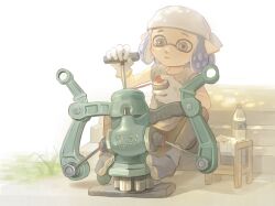 Rule 34 | 1girl, between feet, black pants, blue eyes, blue hair, blue socks, bottle, can, closed mouth, commentary request, dokkoi yuzame, full body, gloves, grass, grey shirt, head scarf, highres, holding, holding can, holding weapon, inkling, inkling girl, inkling player character, nintendo, no shoes, on bench, outdoors, pants, pointy ears, shirt, short hair, short sleeves, sitting, socks, solo, splatoon (series), splatoon 3, spray can, tentacle hair, water bottle, weapon, wellstring v (splatoon), white gloves
