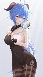 Rule 34 | 1girl, absurdres, ahoge, animal, animal on shoulder, bare shoulders, bird, bird on shoulder, black leotard, blue hair, breasts, brown pantyhose, commentary, covered navel, cross pasties, ganyu (genshin impact), genshin impact, goat horns, gwan-e, half-closed eyes, highres, horns, large breasts, leotard, leotard pull, long hair, looking at animal, low ponytail, one eye closed, pantyhose, parted lips, pasties, pulling own clothes, purple eyes, simple background, solo, thigh gap, very long hair, wavy hair