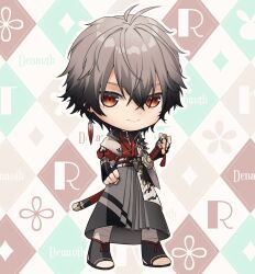 1boy absurdres armor black_gloves black_hair brown_eyes chibi closed_mouth earrings feather_earrings feathers fingerless_gloves gloves gradient_hair grey_hair grey_skirt hair_between_eyes highres jewelry katana leg_wrap long_skirt mil2 multicolored_hair nijisanji nijisanji_en pauldrons ryoma_barrenwort sheath sheathed shoulder_armor single_pauldron skirt smile solo sword tassel toeless_footwear virtual_youtuber weapon