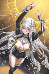 Rule 34 | 1girl, absurdres, black nails, black thighhighs, breasts, bridal gauntlets, cleavage, closed mouth, counter:side, covered navel, drill hair, hair between eyes, highres, large breasts, light smile, long hair, looking at viewer, maestro nequitia, manda (luts7602), nail polish, pasties, purple eyes, standing, thighhighs, thighs, very long hair, yellow background