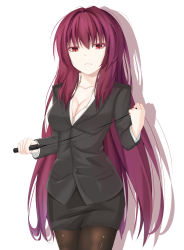 Rule 34 | 1girl, breasts, cleavage, coat, fate/grand order, fate (series), formal, highres, long hair, pantyhose, pink eyes, purple hair, scathach (fate), scathach (fate), skirt, solo, suit