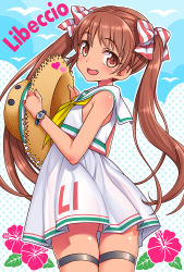 Rule 34 | 10s, 1girl, :d, bare shoulders, blush, brown eyes, brown hair, character name, dark-skinned female, dark skin, dress, fang, hat, kantai collection, libeccio (kancolle), long hair, looking at viewer, no panties, open mouth, sailor dress, see-through silhouette, short dress, sleeveless, sleeveless dress, smile, solo, straw hat, striped, thigh gap, thigh strap, twintails, uousa-ou, watch, wristwatch