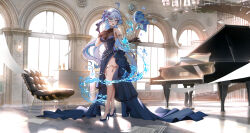 Rule 34 | 1girl, ahoge, alternate breast size, armlet, bare legs, bare shoulders, black footwear, blue dress, blue eyes, blue hair, bow, breasts, brown gloves, chair, chandelier, cleavage, cocktail dress, collarbone, commentary, dress, formal, full body, furina (genshin impact), genshin impact, gloves, grand piano, hair between eyes, hair bow, hand on own chest, hand up, heterochromia, high heels, highres, indoors, instrument, large breasts, long dress, long hair, multicolored hair, open mouth, piano, see-through, see-through cleavage, side slit, skindentation, sleeveless, sleeveless dress, smile, spiral staircase, ssong2, stairs, standing, sunlight, surintendante chevalmarin, symbol-only commentary, thighlet, thighs, two-tone hair, very long hair, water, wavy hair, white hair, window