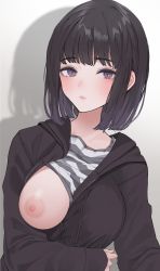 Rule 34 | 1girl, absurdres, arm around waist, bad id, bad twitter id, black hair, black hoodie, breasts, closed mouth, clothes lift, grey background, grey shirt, highres, hood, hoodie, large breasts, looking at viewer, nipples, one breast out, original, purple eyes, selfie, shadow, shirt, shirt lift, short hair, sidelocks, simple background, solo, striped clothes, striped shirt, sutochan, unzipped, upper body