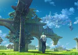 Rule 34 | blue pants, blue sky, castle, cloud, commentary request, day, facing away, fantasy, field, floating castle, floating city, floating island, from behind, grass, green hair, kaitan, long sleeves, male focus, original, outdoors, pants, ruins, scenery, shirt, signature, sky, solo, standing, suspenders, tree, white shirt, windmill