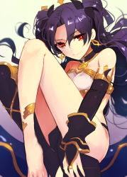Rule 34 | 1girl, anklet, armlet, artist request, asymmetrical legwear, bare legs, bare shoulders, barefoot, black gloves, black hair, black ribbon, blush, bridal gauntlets, collar, crown, earrings, elbow gloves, fate/grand order, fate (series), female focus, floating hair, gloves, hair ribbon, hoop earrings, ishtar (fate), jewelry, knees up, legs, long hair, looking at viewer, naughty face, red eyes, revealing clothes, ribbon, single thighhigh, sitting, smile, solo, strapless, thighhighs, tohsaka rin, type-moon, uneven legwear