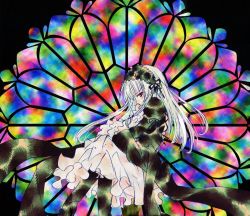 Rule 34 | 00s, 1girl, dress, frilled sleeves, frills, from side, green dress, hairband, lolita hairband, long hair, long sleeves, red eyes, rozen maiden, silver hair, sleeves past wrists, solo, stained glass, suigintou, very long hair, window
