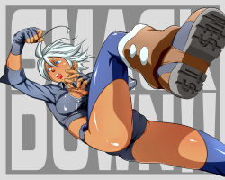 Rule 34 | 1girl, ahoge, angel (kof), ass, blue eyes, boots, breasts, cameltoe, chaps, colored eyelashes, crop top, dark skin, dark-skinned female, dynamite-kit, fingerless gloves, gloves, kicking, large breasts, panties, short hair, snk, solo, the king of fighters, underwear, colored eyelashes, white hair
