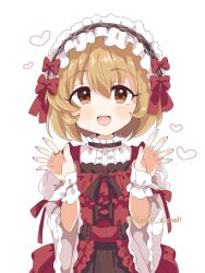 1girl artist_name black_ribbon blonde_hair blush bow brown_eyes child commentary_request dress fingernails frilled_dress frilled_hairband frilled_headwear frilled_wrist_cuffs frills hair_between_eyes hairband hands_up heart highres idol idol_clothes idolmaster idolmaster_cinderella_girls jewelry koga_koharu looking_at_viewer multicolored_clothes multicolored_dress open_mouth red_bow red_dress remiri_nicoeli ribbon ring short_bangs sidelocks smile solo straight-on tongue twitter_username upper_body waving white_background white_wrist_cuffs wrist_cuffs