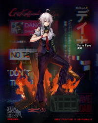 Rule 34 | 1girl, ahoge, boots, bread, character name, collared shirt, dana zane, food, full body, girls&#039; frontline, highres, infukun, looking at viewer, mechanical arms, necktie, official art, pants, parted lips, purple vest, red eyes, red necktie, shirt, short hair, sidelocks, single mechanical arm, solo, striped clothes, striped pants, torn clothes, torn shirt, va-11 hall-a, vest, white hair, wristband