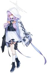 Rule 34 | 1girl, assault rifle, atsuko (blue archive), blue archive, body armor, boots, full body, gloves, gun, hair ribbon, halo, highres, hood, hoodie, looking at viewer, medium hair, official art, purple hair, red eyes, ribbon, rifle, smile, solo, tactical clothes, transparent background, weapon