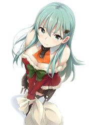 Rule 34 | 10s, 1girl, :t, akita hika, aqua eyes, aqua hair, bad id, bad twitter id, blush, breasts, brown thighhighs, christmas, christmas tree hair ornament, cleavage, detached sleeves, dress, hair ornament, highres, holding, kantai collection, large breasts, long hair, looking at viewer, red dress, sack, santa costume, simple background, solo, suzuya (kancolle), thighhighs, turret, v arms, white background