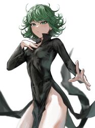 Rule 34 | 1girl, black dress, blush, breasts, closed mouth, cowboy shot, dress, flipped hair, floating clothes, green eyes, green hair, hand on own chest, highres, long sleeves, no panties, one-punch man, raberu ruru, short hair, small breasts, solo, tatsumaki
