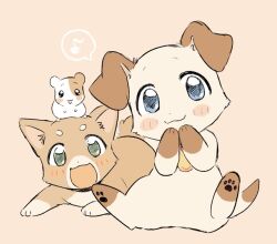 2000s_(style) :3 animal animal_focus blue_eyes blush_stickers collar commentary_request dog fukurai_hanano hamster looking_at_viewer musical_note no_humans official_style pawpads ponta_(pukupuku_tennen_kairanban) pukupuku_(pukupuku_tennen_kairaiban) pukupuku_tennen_kairanban puppy sitting spoken_musical_note yamada_(pukupuku_tennen_kairanban)