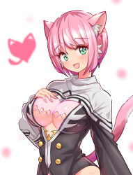 Rule 34 | 1girl, animal ears, black shirt, blouse, bob cut, breasts, cat ears, cat girl, cat tail, cleavage, commentary, cougar (cougar1404), green eyes, hand on own chest, heart, large breasts, long sleeves, looking at viewer, no headwear, open mouth, pfirsia (cougar1404), pink hair, shirt, short hair, smile, solo, standing, tail, white background, wide sleeves