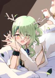 Rule 34 | 1girl, antlers, barefoot, blush, braid, ceres fauna, eyes visible through hair, flower, french braid, green hair, green nails, hair flower, hair ornament, hair over one eye, highres, hololive, hololive english, horns, kumoi sora, leaf, long hair, lying, mole, mole under eye, nail polish, on stomach, smile, solo, virtual youtuber, yellow eyes