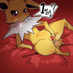 Rule 34 | 1girl, absurdres, arm support, bed sheet, black eyes, blush, breath, clitoris, colored sclera, condom, creatures (company), english text, female focus, furry, furry female, game freak, gen 1 pokemon, half-closed eyes, heart, heart-shaped pupils, highres, jolteon, jpeg artifacts, looking at viewer, lying, minami juuji (southerncross1130), navel, nintendo, no humans, on back, pokemon, pokemon (creature), presenting, purple sclera, pussy, pussy juice, red background, solo, speech bubble, spread pussy, symbol-shaped pupils, talking, text focus, uncensored, urethra, used condom