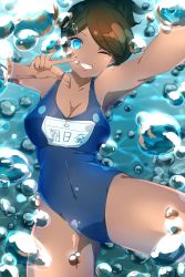 Rule 34 | 10s, 1girl, ;), absurdres, air bubble, asahina aoi, bare arms, bare legs, bare shoulders, blue eyes, blue one-piece swimsuit, breasts, brown hair, bubble, chii in baru saba, cleavage, collarbone, covered navel, cowboy shot, danganronpa: trigger happy havoc, danganronpa (series), dark-skinned female, dark skin, foreshortening, freediving, grin, hair ornament, hairclip, hand up, highres, holding breath, large breasts, looking at viewer, name tag, one-piece swimsuit, one eye closed, outstretched arm, reaching, reaching towards viewer, school swimsuit, selfie, smile, solo, swept bangs, swimsuit, underwater, v, water, wink