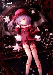 Rule 34 | 1girl, alternate costume, alternate hairstyle, bad id, bad pixiv id, bare legs, bare shoulders, bat wings, character name, colored eyelashes, dress, female focus, flower, hat, light purple hair, no nose, red eyes, remilia scarlet, ribbon, short dress, side ponytail, solo, touhou, typo, wangchuan de quanyan, water, wings