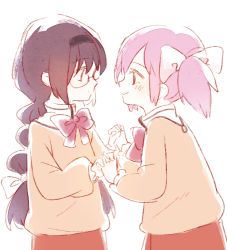 Rule 34 | 2girls, akemi homura, black hairband, blush, bow, bowtie, braid, brown hair, brown shirt, closed mouth, commentary request, female focus, glasses, hair between eyes, hair bow, hairband, highres, holding hands, interlocked fingers, kaname madoka, long hair, long sleeves, mahou shoujo madoka magica, mahou shoujo madoka magica (anime), multiple girls, pink hair, profile, red neckwear, red skirt, shirt, simple background, skirt, smile, twintails, very long hair, white background, white bow, zgxuke
