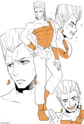 Rule 34 | 1boy, abs, angry, artist name, blue eyes, clenched teeth, collarbone, crosshatching, earrings, flattop, frown, hand on own hip, hatching (texture), highres, hutomomo syobou, jean pierre polnareff, jewelry, jojo no kimyou na bouken, male focus, monochrome, open mouth, signature, smile, solo, spot color, teeth, widow&#039;s peak, wristband