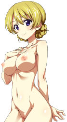 Rule 34 | 10s, 1girl, absurdres, blonde hair, blue eyes, blush, breasts, cleft of venus, darjeeling (girls und panzer), female focus, girls und panzer, highres, kurashima tomoyasu, large breasts, navel, nipples, nude, nude filter, pussy, simple background, solo, standing, third-party edit, uncensored, white background