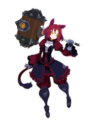 Rule 34 | 1girl, :&lt;, absurdres, animal ears, armor, armored boots, black sclera, boots, cat ears, cat tail, colored sclera, full body, gauntlets, hammer, harada takehito, highres, holding, holding hammer, holding weapon, huge weapon, juliet sleeves, long sleeves, looking at viewer, official art, pants, pants tucked in, puffy sleeves, red hair, refrain no chika meikyuu to majo no ryodan, simple background, slit pupils, solo, tail, weapon, white background, yellow eyes